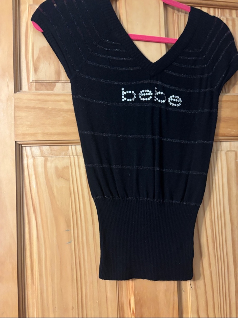 bebe Black Short Sleeve V-Neck Top with Rhinestone Logo